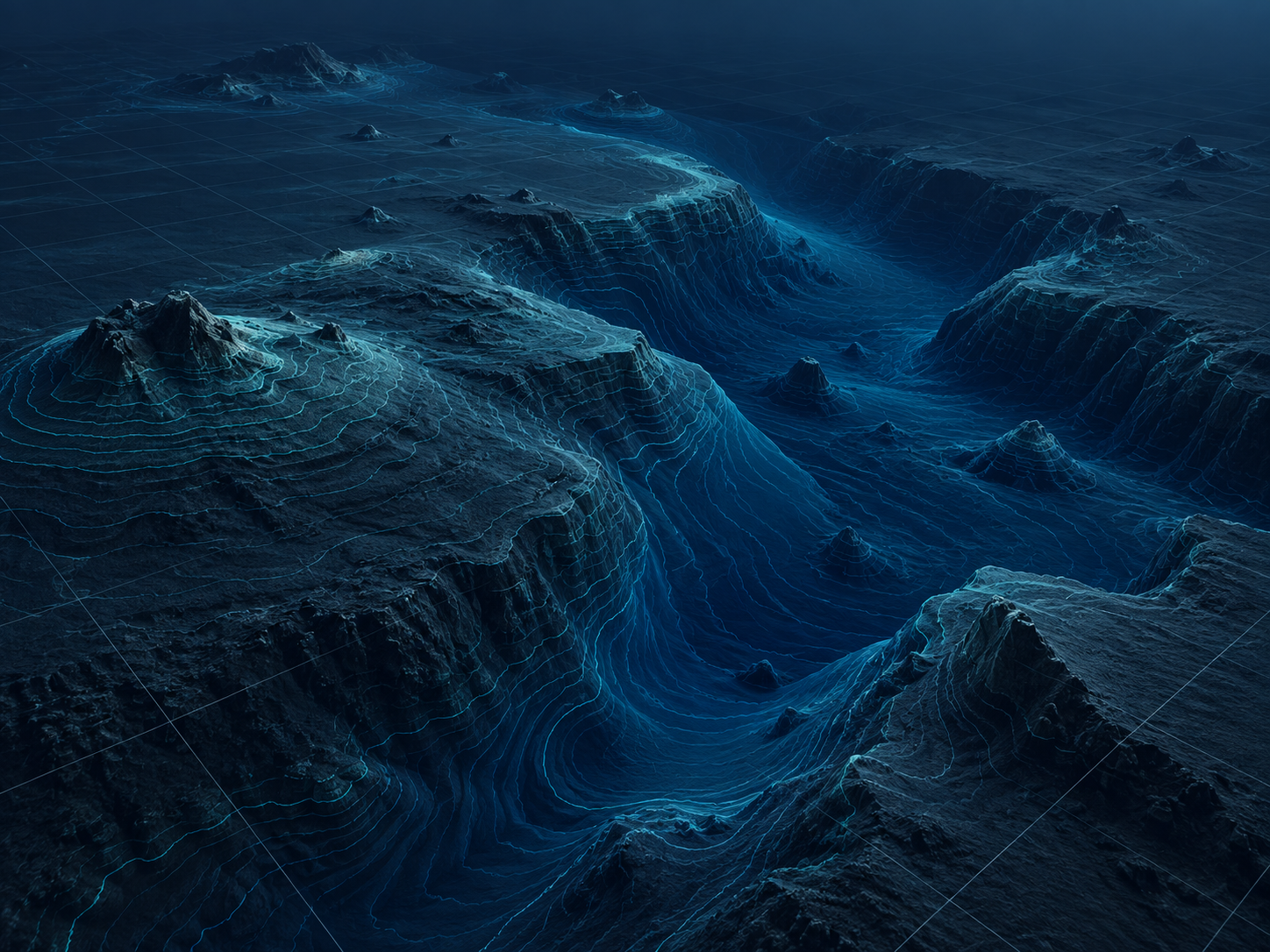 Bathymetric terrain model showing seabed morphology and depth contours