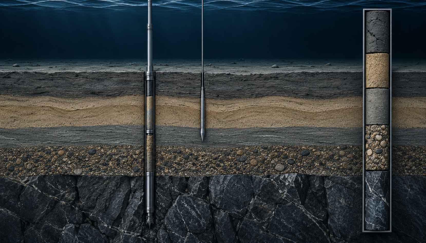 Marine geotechnical cross-section with borehole, CPT and core samples through layered soil and rock