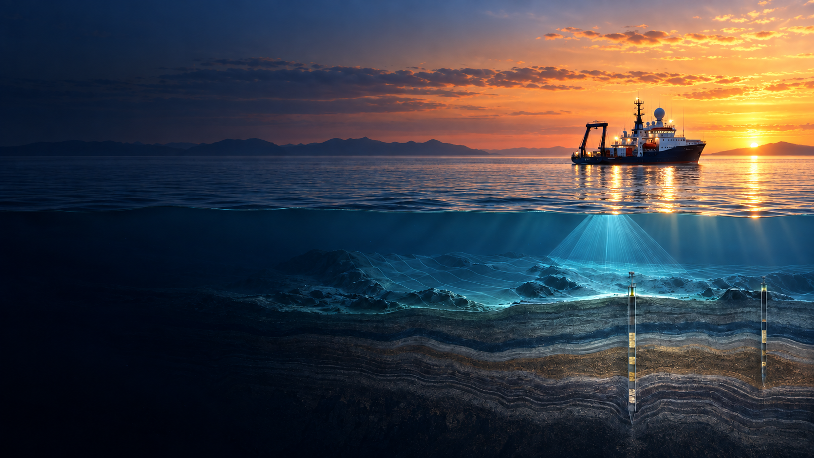 Offshore survey vessel above an illustrated deepwater seabed and subsurface