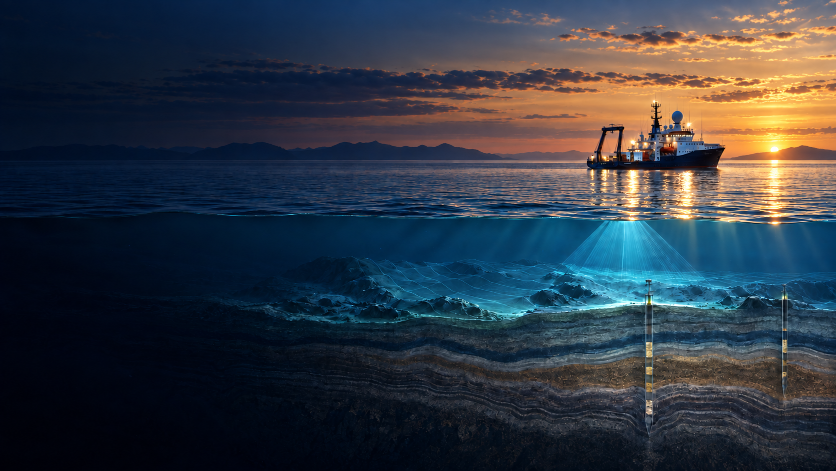 Marine survey vessel above an illustrated seabed and subsurface investigation