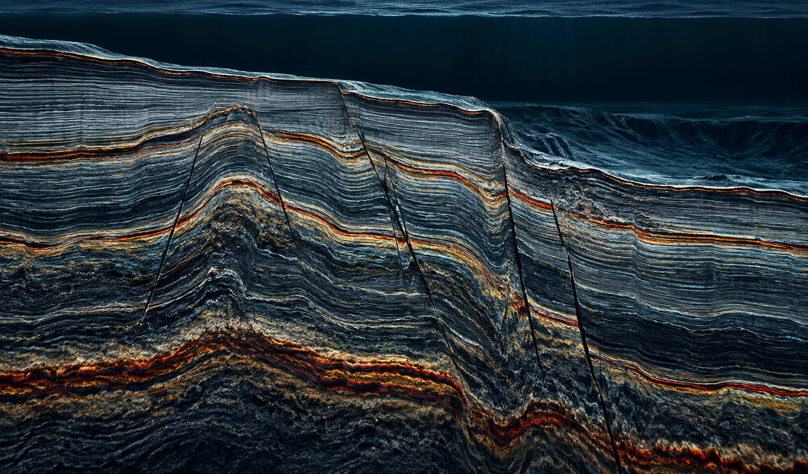 Seismic subsurface visualisation showing stratigraphic reflectors, faults and interpreted layers